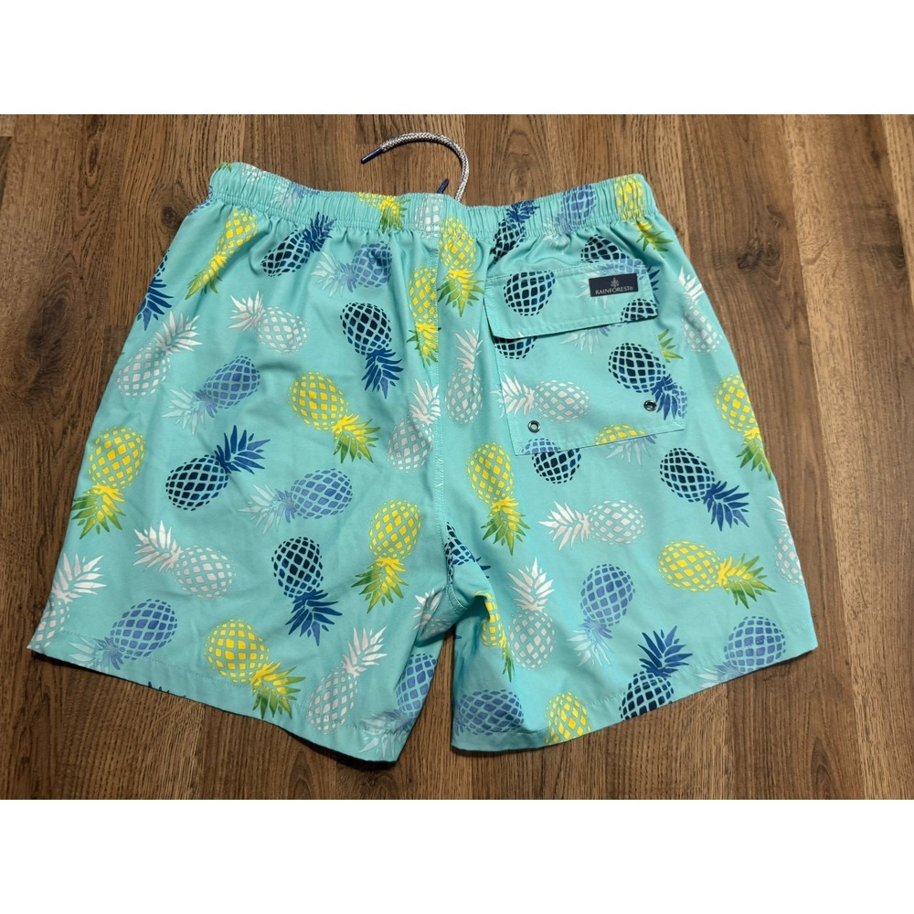 Rainforest Shorts Mens Medium Swim Trunks Blue Green Yellow Tie Waist Pineapples - Picture 2 of 14